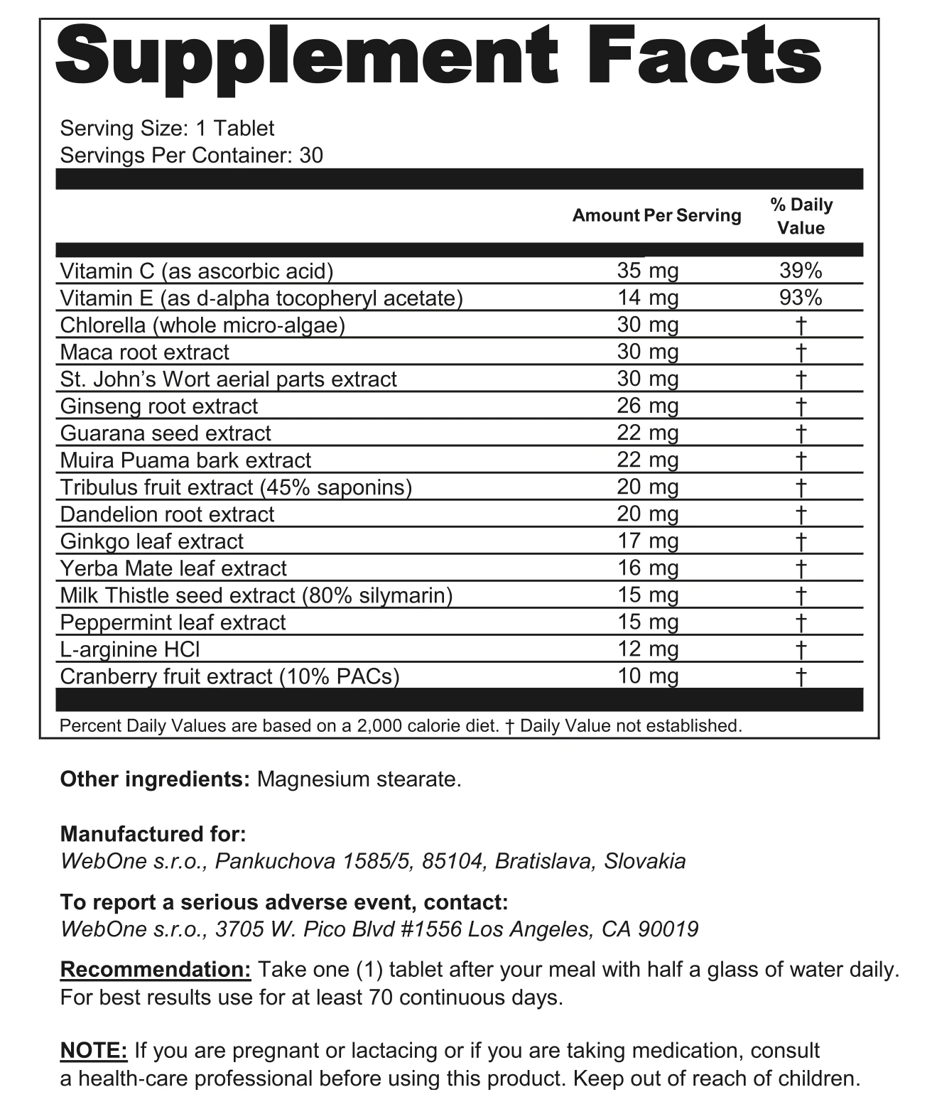 Ejavol Supplement Facts label